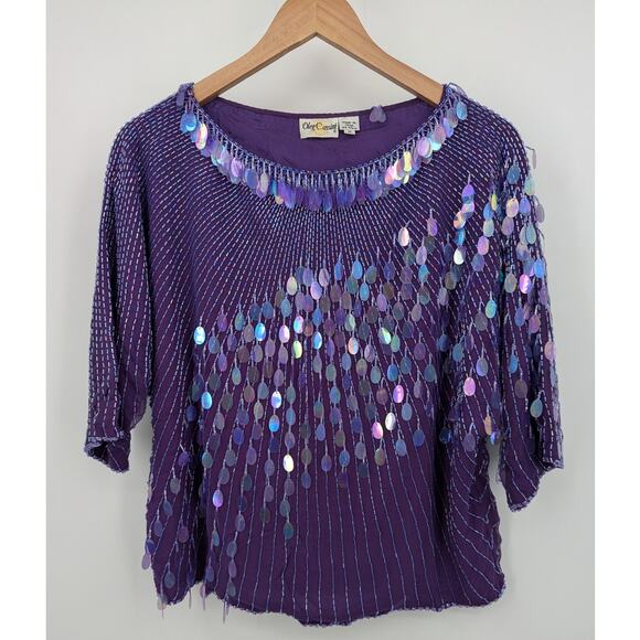 Vintage Oleg Cassini Purple Sequin Beaded Silk Top Women’s M Evening Blouse - Picture 2 of 6